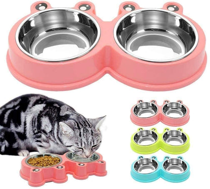 SHIZPHH Double Dog Cat Bowls Double Premium Stainless Steel Pet Bowls with Cute Modeling Pet Food Water Feeder Food Bowls (Color : Green)