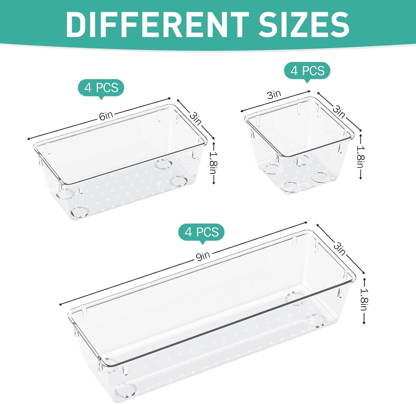 Zollyss Desk Drawer Organizer Trays Various Size Bathroom Drawer Tray Dividers Plastic Vanity Organizers Storage Bins for Makeup Dresser Kitchen Office (Clear) (6 PCS)