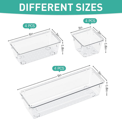 Zollyss Desk Drawer Organizer Trays Various Size Bathroom Drawer Tray Dividers Plastic Vanity Organizers Storage Bins for Makeup Dresser Kitchen Office (Clear) (6 PCS)