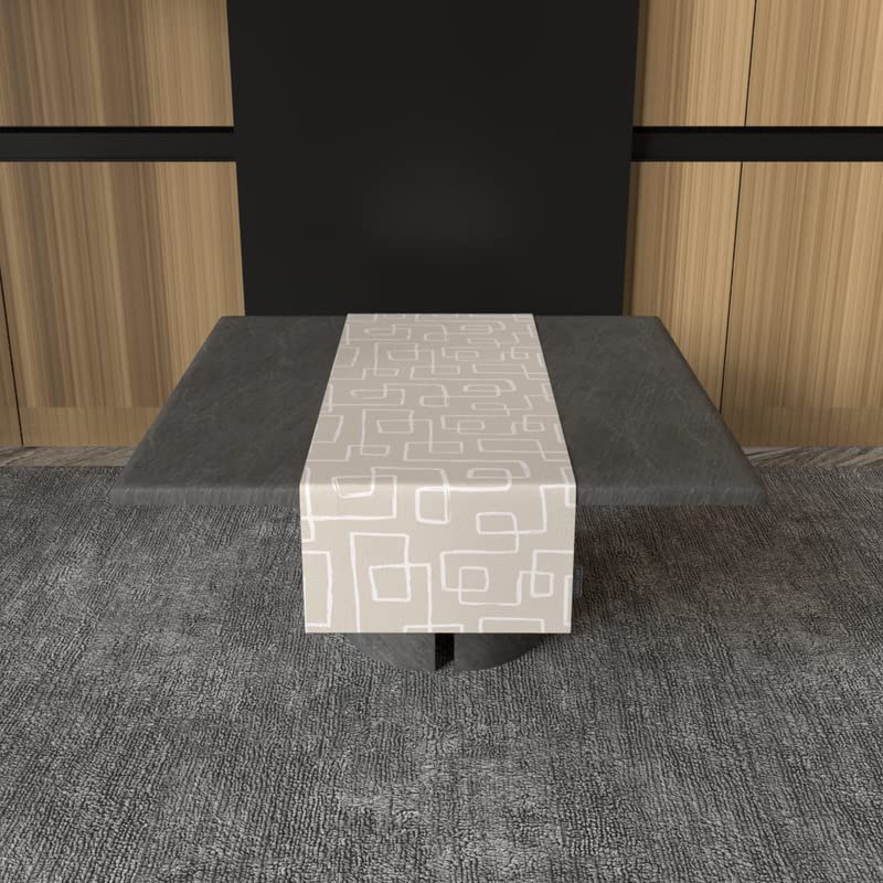 Haven 1 Velvet Table Runner in Beige & Blue, a 35x140 cm decorative centerpiece with a calming and subtle geometric design, adds a touch of soft, understated luxury to your dining decor