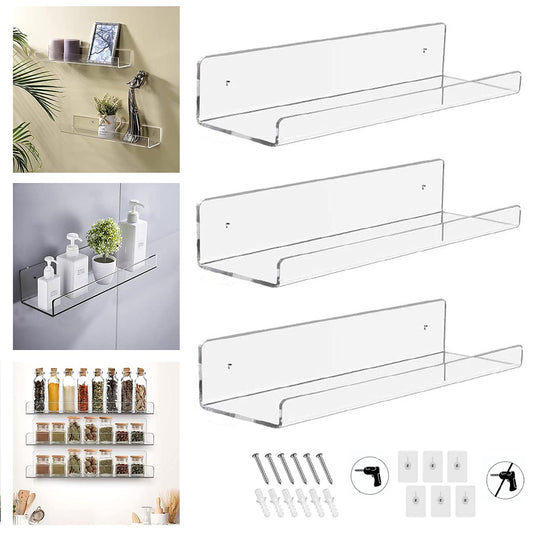 3-Piece Clear Acrylic Floating Wall Shelves Set, 38 x 10.9 x 5.8 cm, Mountable Display Shelf for Bathroom, Kitchen, Toy Storage, Book Organizer, and Living Room