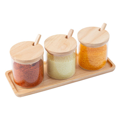 LOCDION 3 PCS Condiment Pots Set,Decorative Storage Seasoning Glass Container Box with Wood Spoon Lid and Base for Home Kitchen café Storing Salt Sugar Pepper Spice(Rubber Wood)