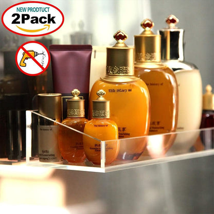 Acrylic Bathroom Shelf Set, 2-Piece Wall Mounted Thick Clear Storage and Display Shelves, No Drilling Required, Perfect for Organizing Toiletries, Cosmetics and Bathroom Essentials, Clear