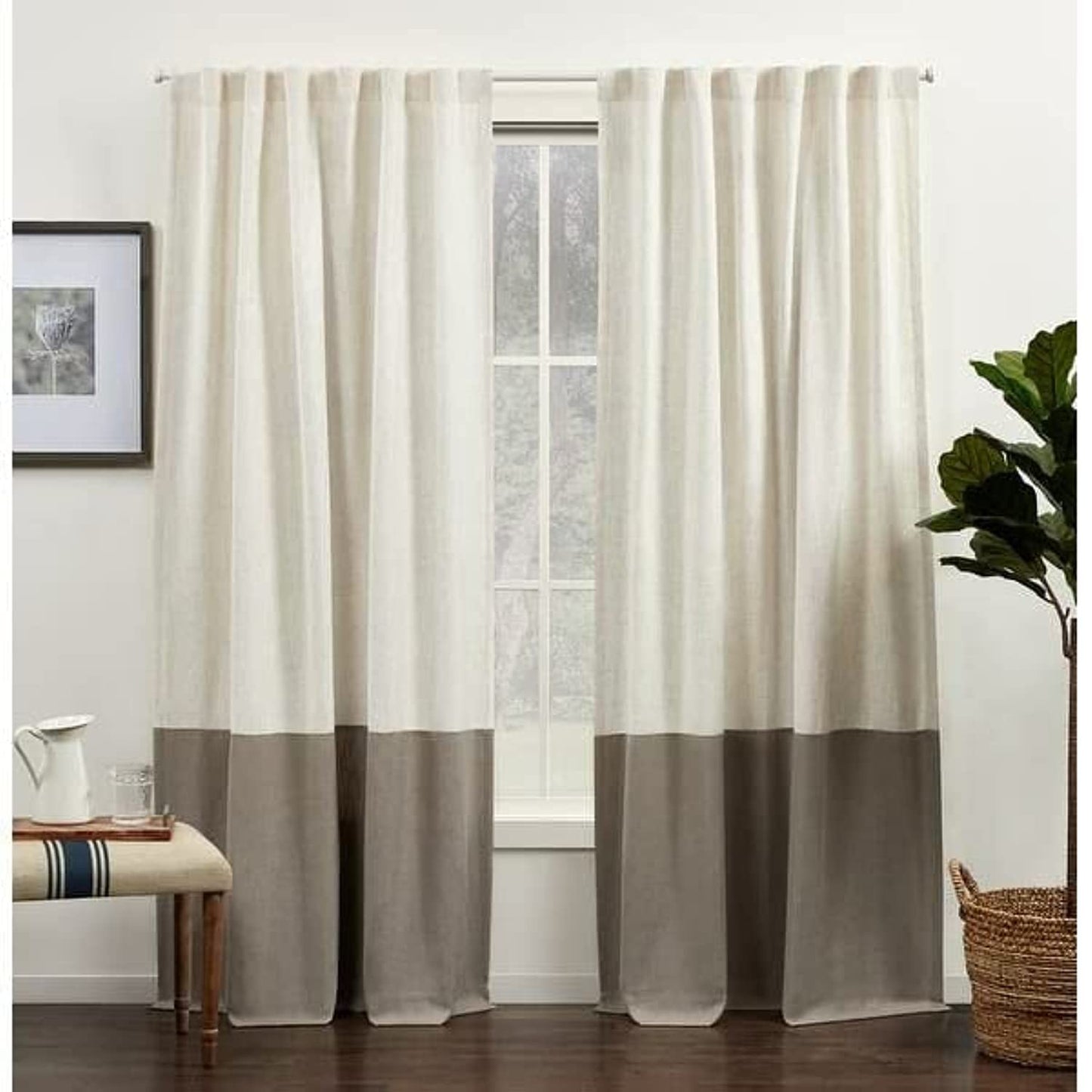 Luxury Linen Curtains With Velvet - Bottom Velvet Tone – 2-Tone Style – 1 Panel
