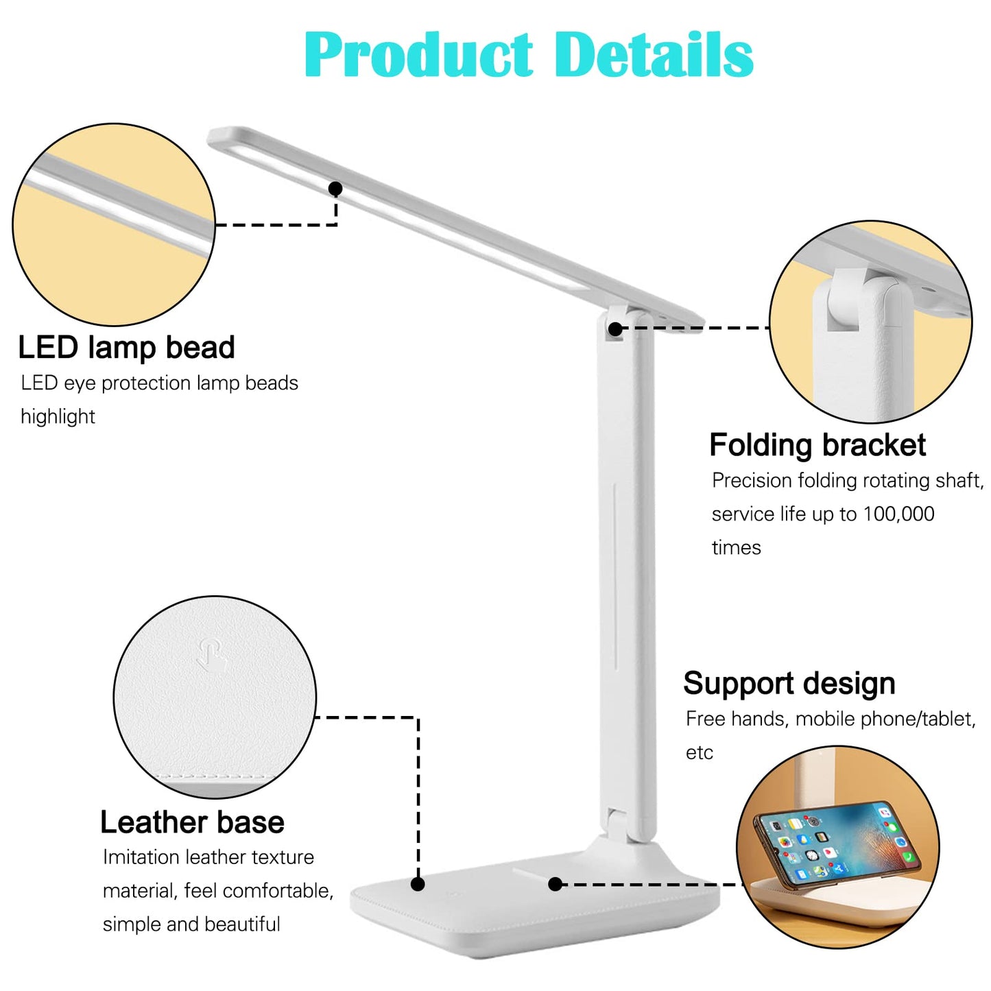 Xkimos LED Table Lamp, Touch Eye Protection Reading Desk Lamp, Charge And Plug Available, 3 Levels Color Temperature, Natural Light Anti-Blue Light No Flicker,Suitable For Office, Dorm,Study (White)
