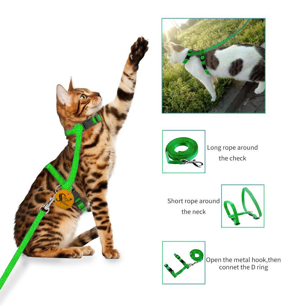 Sage Square Soft Adjustable Harness with Leash Rope Set for Cat/Kitten of Nylon (Green)