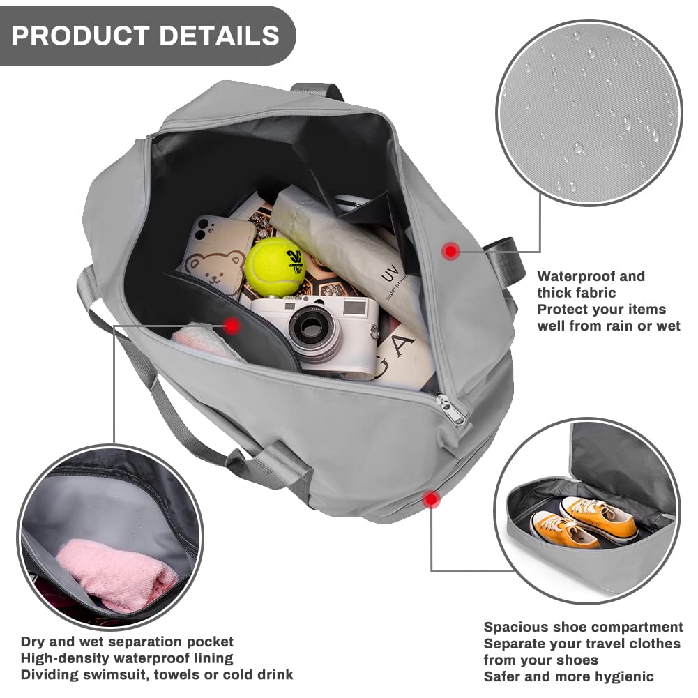 Welltop Gym Shoulder Bags, Weekend Bag for Women, 36L Large Travel Duffel Bag, Dry & Wet Seperated Overnight Bag, Foldable Carry On Bag, Hospital Bag, Sports Bag with Shoe Pouch (Grey