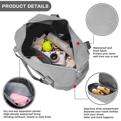 Welltop Gym Shoulder Bags, Weekend Bag for Women, 36L Large Travel Duffel Bag, Dry & Wet Seperated Overnight Bag, Foldable Carry On Bag, Hospital Bag, Sports Bag with Shoe Pouch (Grey