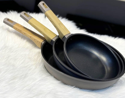 Granite Pan Set - 3 Pieces, Non-Stick Coating, Beige, Scratch-Resistant, Heat Distribution, Ergonomic Handles, Easy to Clean, Perfect for Cooking and Frying