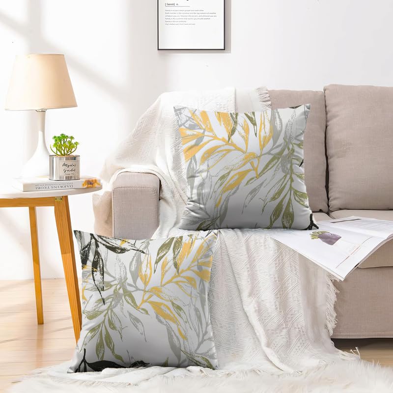 INtex CURTAINS HOUSE Printed Linen Velvet Cushion Covers, Throw Pillow Covers, Leaves Pattern Decorative Pillow Covers, Set of 2 Pieces Cafe x Brown 30W x 30L CM