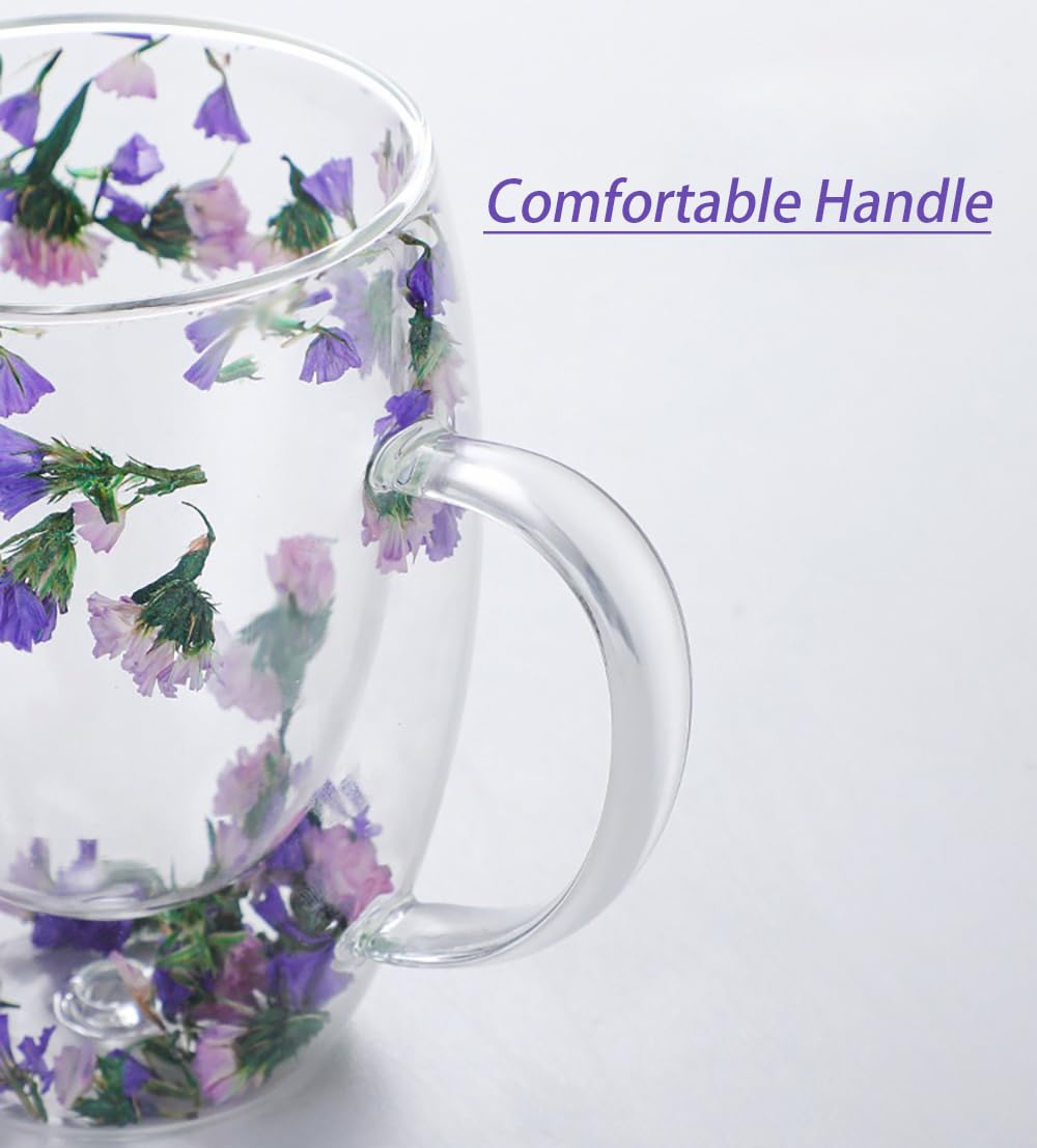 Dried Flower Double Wall Glass Cup, Aesthetic Flowers Coffee Mugs, Cute Insulated Tea Cups with Handle Heat Resistant for Women, Ideal Gifts for Birthday Mother's Day - Perfect for Wife Mom Friend (C)