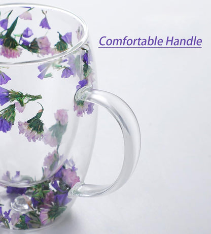 Dried Flower Double Wall Glass Cup, Aesthetic Flowers Coffee Mugs, Cute Insulated Tea Cups with Handle Heat Resistant for Women, Ideal Gifts for Birthday Mother's Day - Perfect for Wife Mom Friend (C)