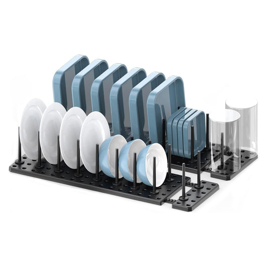 2-Pack Kitchen Plate Organizer Racks, Adjustable In-Cabinet Dish Holder, Space-Saving Drawer and Countertop Storage with Removable Slots for Plates and Bowls