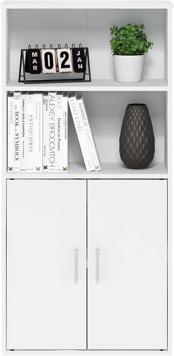 Storage Bookcase with 2 Doors in White, Manufactured Wood Cabinet with 2 Open Shelves, Freestanding Organizer for Living Room or Office, Combination Display and Concealed Unit