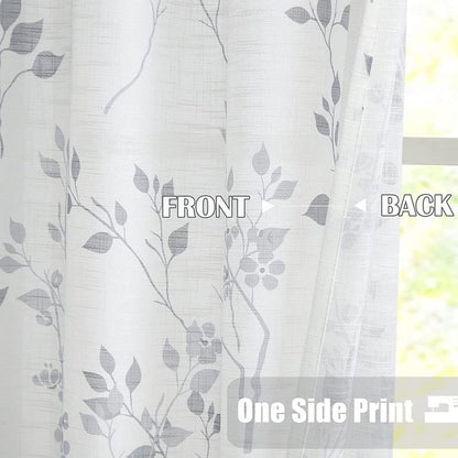 INtex CURTAINS HOUSE Rich Natural Linen curtains - Printed floral curtains- Semi-transparent - Steel grommets for living room, bedroom, kitchens, 1 piece 200 * 240 Gray