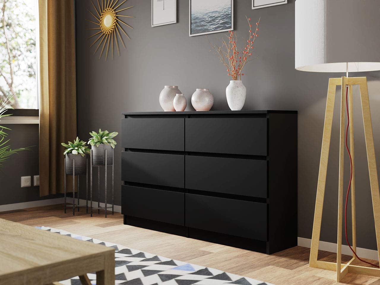 6-Drawer Chest in Black, 120cm Wide Sideboard for Living Room, Highboard Multipurpose Cabinet for Hallway or Dining Room, Modern Dresser with Sleek Design