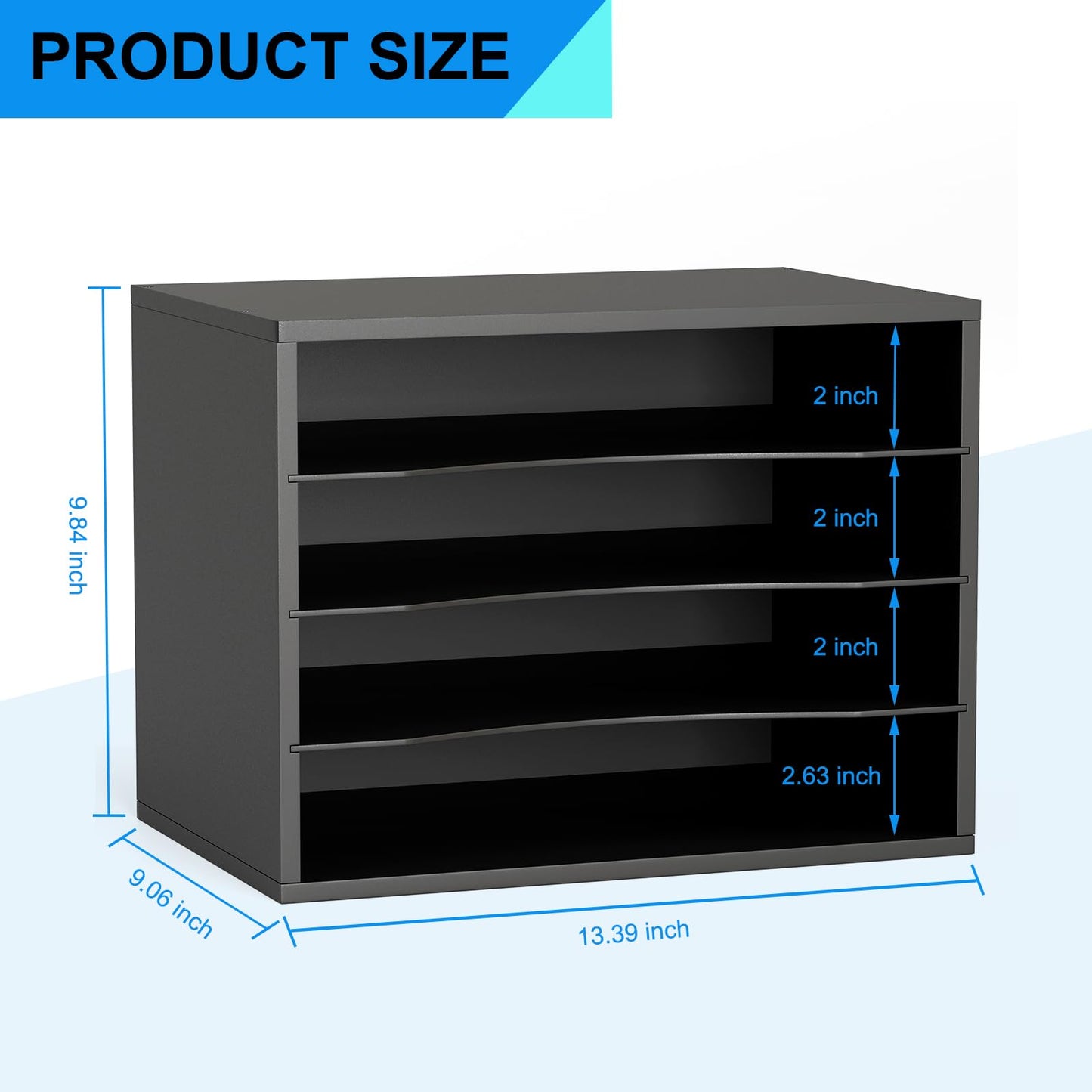 Wood Desktop Letter Tray and File Organizer, Paper Storage and MaiLSorter with 3 Adjustable Drawer Boards for Home and Office Use, Sturdy Construction in Black