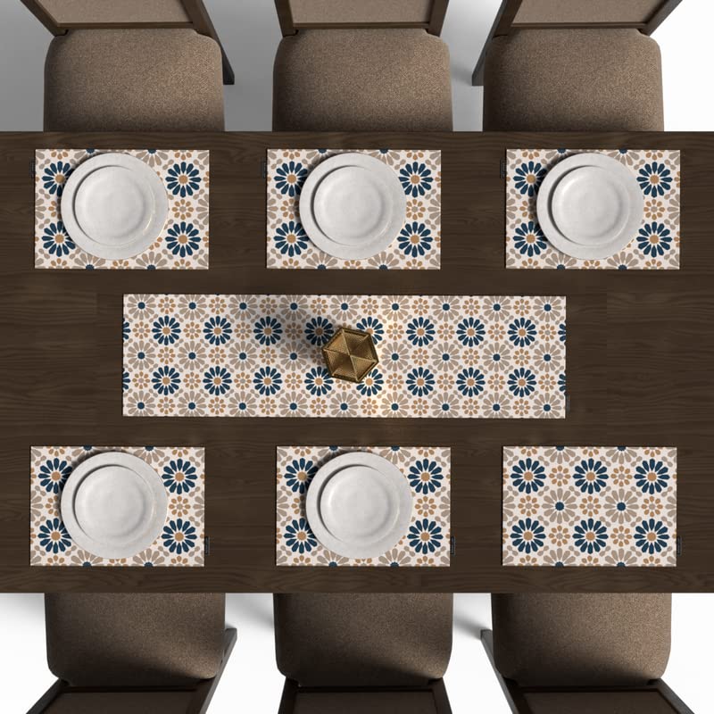 Ace2 7-Piece Dining Linens Set, with 6 multicolor canvas placemats (45x30 cm) and 1 runner (35x140 cm), featuring a modern Islamic art design for a vibrant and contemporary tablescape