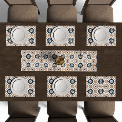 Ace2 7-Piece Dining Linens Set, with 6 multicolor canvas placemats (45x30 cm) and 1 runner (35x140 cm), featuring a modern Islamic art design for a vibrant and contemporary tablescape