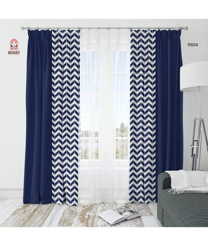 INtex CURTAINS HOUSE Luxury Velvet curtains - Modern Design - Striped Zig Zag with Plain Velvet Navy 2 Panels - Steel Grommets 300W X 230L CM