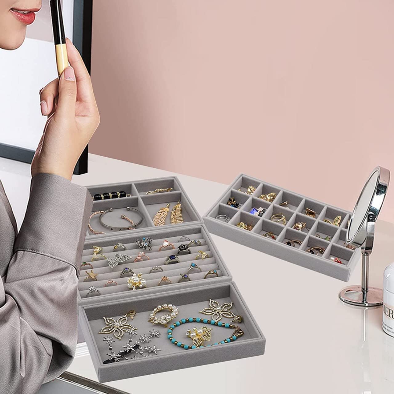 Kios Velvet Jewelry Drawer Inserts Trays, Earring Organizer Stackable Jewelry Display Trays, Box Ring Holder Necklace Case, Storage for Bracelet Brooch Watch, Set of 4 (Gray)