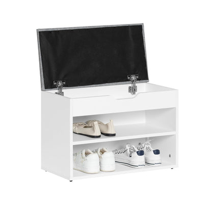 Shoe Storage Bench with Padded Seat, a functional entryway Shoe Rack and Cabinet, W60 x H43 x D30 cm, finished in a soft and neutral Light Grey color