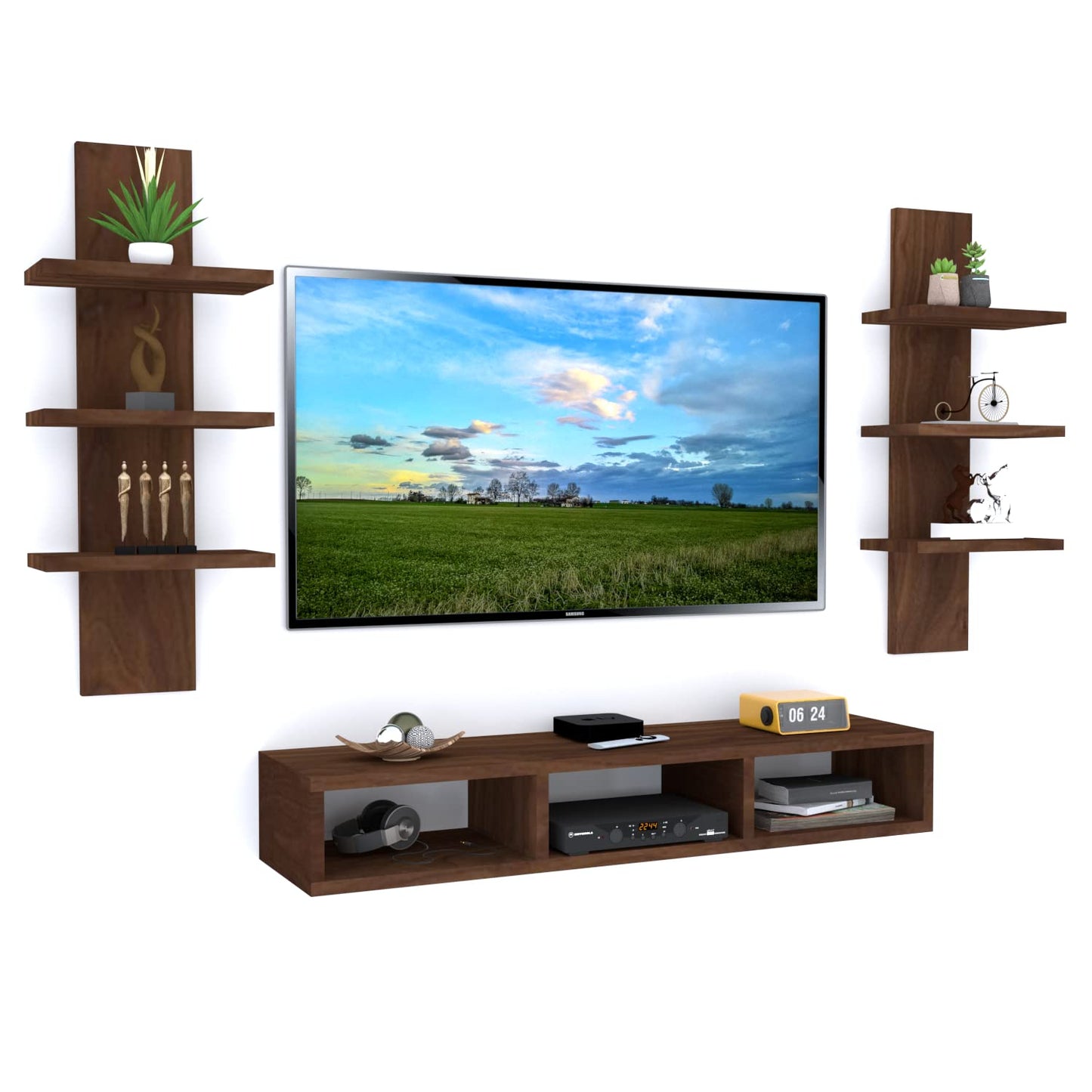 Chipboard WalLMounted TV Entertainment Unit in Brown, Set Top Box Stand for Living Room, Multipurpose Storage Display Rack, Wooden Floating Furniture, Modern Design