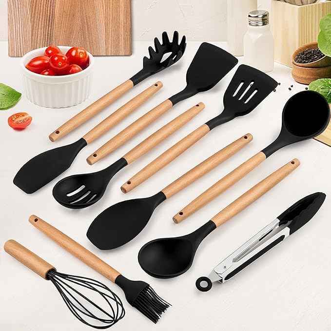 Silicone Non Scratch Cookware Utensils Kit Designed With Heat Resistant Wooden Handles And Include Plastic Stand Elegant Design Practical For Kitchen Set Of 11 Pieces - Black