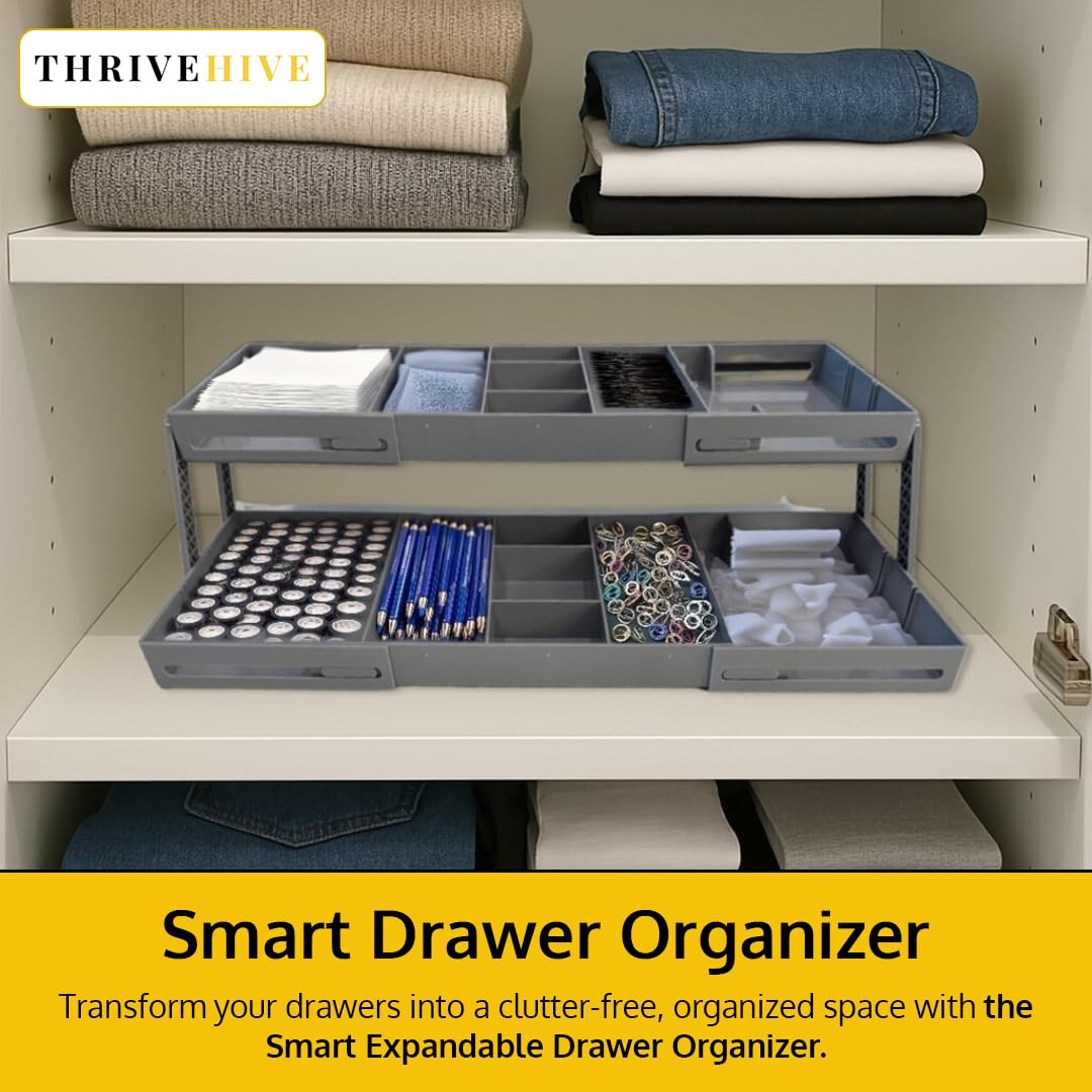 ThriveHive Multi Level Smart Drawer Organizer with 2 Tier Collapsible Foldable Trays, Multi-level Design for Efficient Storage, Multi Level Drawer Organizer Solution - Gray