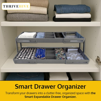 ThriveHive Multi Level Smart Drawer Organizer with 2 Tier Collapsible Foldable Trays, Multi-level Design for Efficient Storage, Multi Level Drawer Organizer Solution - Gray