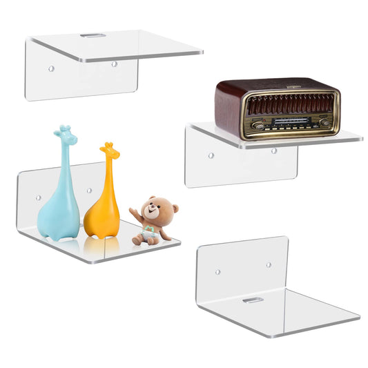 4-Piece Small Acrylic Wall Shelves, 10 cm Floating Display Ledges for Storage and Decoration, Clear Wall-Mounted Mini Shelves with 2 Installation Methods for Home or Office Use, Clear