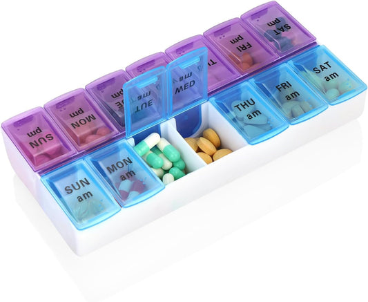 7-Day Morning and Evening Pill Box, Dual-Compartment Mini Medicine Organizer, Portable Tablet Holder with 14 Large Compartments for Daily Pills, Vitamins, Travel-Friendly