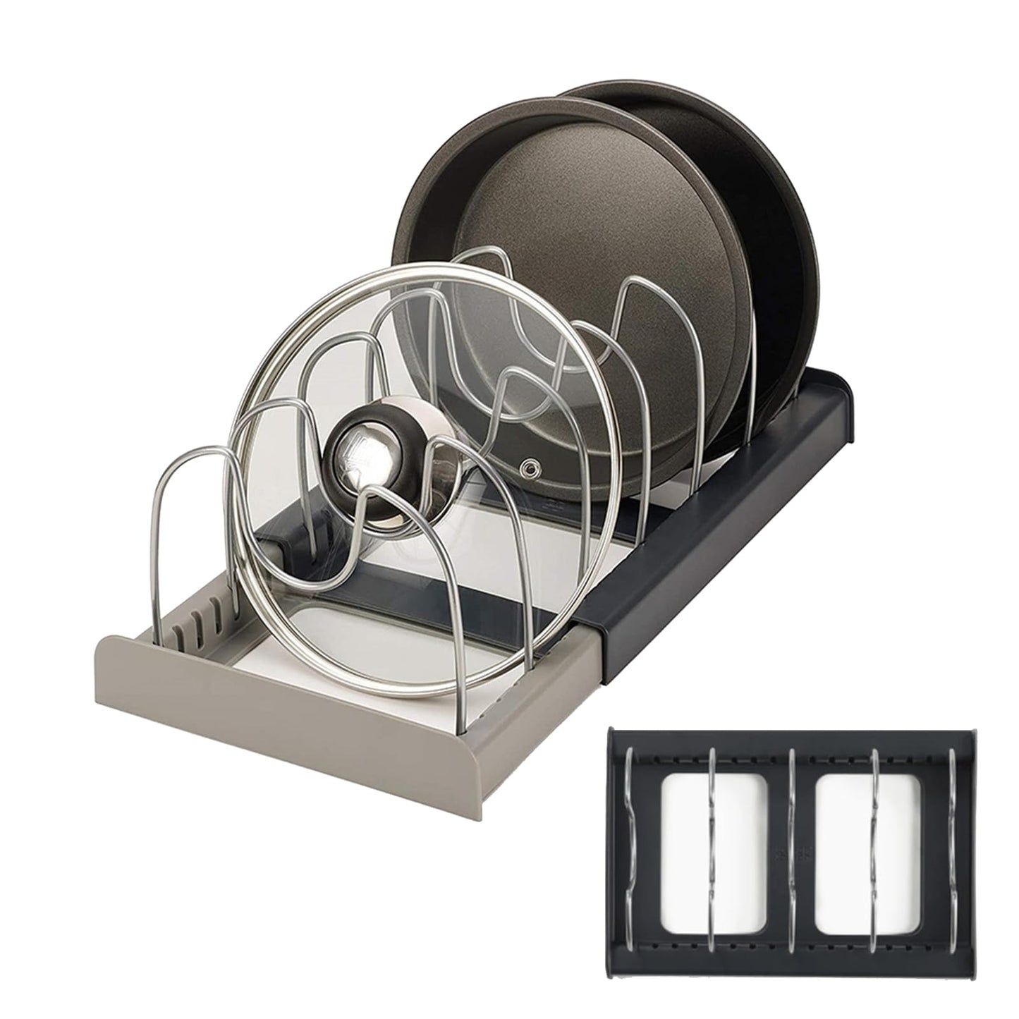 ALLWYOU Adjustable Pan Lid Holder with 7 Adjustable Compartments Pot and Pan Lid Organiser Rack Holder Expandable Tray Bakeware Storage Rack Dish Drying Rack Kitchen Cupboard Drawer Organiser