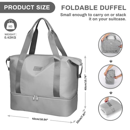 Welltop Gym Shoulder Bags, Weekend Bag for Women, 36L Large Travel Duffel Bag, Dry & Wet Seperated Overnight Bag, Foldable Carry On Bag, Hospital Bag, Sports Bag with Shoe Pouch (Grey