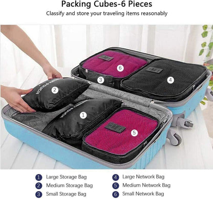 None Brand 6 pieces/set travel storage bag-with laundry bags & digital pouch for clothes luggage packing cube organiser suitcase (Black)