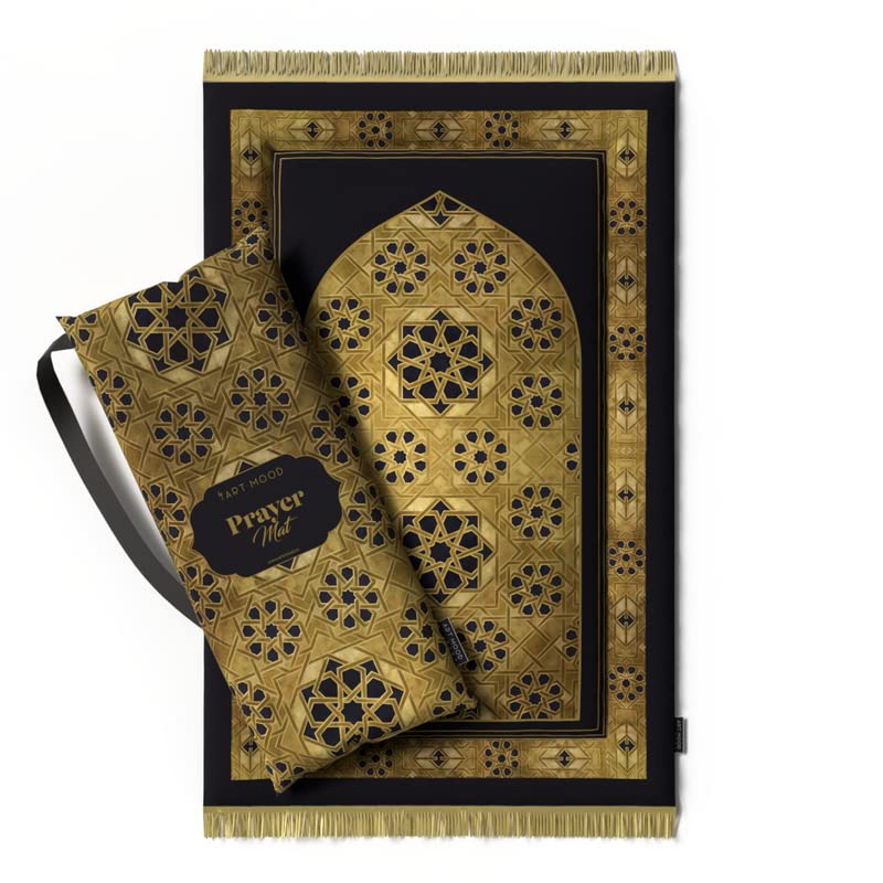 Exquisite Velvet Padded Prayer Rug in Gold and Black, 68x117 cm, a beautifully designed soft mat with thick padding for a comfortable and luxurious prayer experience every day
