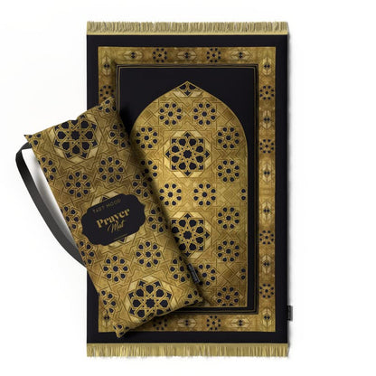 Exquisite Velvet Padded Prayer Rug in Gold and Black, 68x117 cm, a beautifully designed soft mat with thick padding for a comfortable and luxurious prayer experience every day