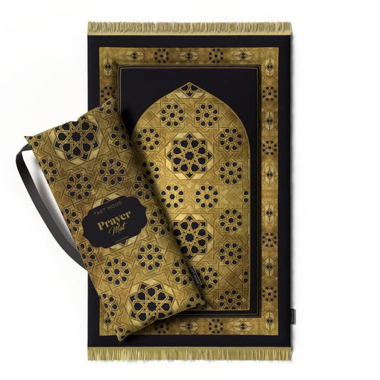 Exquisite Velvet Padded Prayer Rug in Gold and Black, 68x117 cm, a beautifully designed soft mat with thick padding for a comfortable and luxurious prayer experience every day