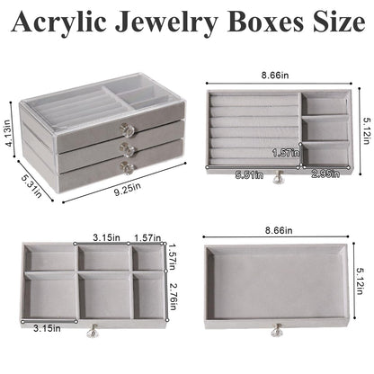 Clear Acrylic Jewelry Box – Large Capacity Organizer with 3 Velvet-Lined Drawers for Rings, Bracelets, Earrings, and Accessories