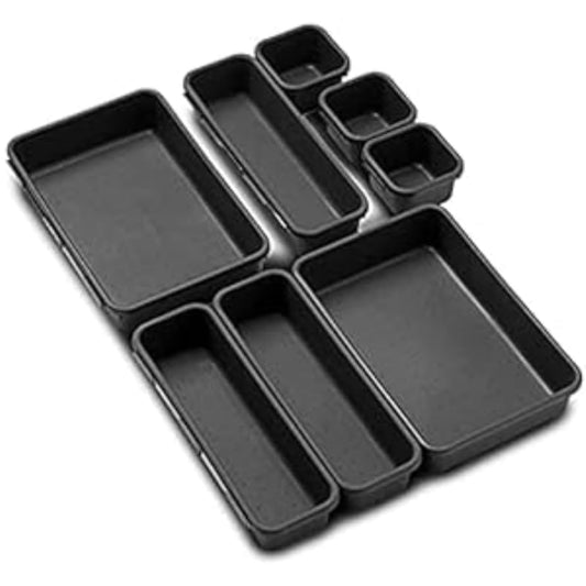 Plastic Divided Interlocking Cutlery Drawer Desk Organizer Kit With Multi Shapes Set Of 8 Pieces - Dark Grey
