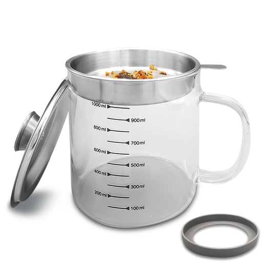 LeavesCloud Glass Bacon Oil Container Pot with 304SS Strainer for Refrigerator, 35 OZ Large Visible Bacon Grease Saver Container with Fine Mesh for Storing Frying Oil & Cooking Grease