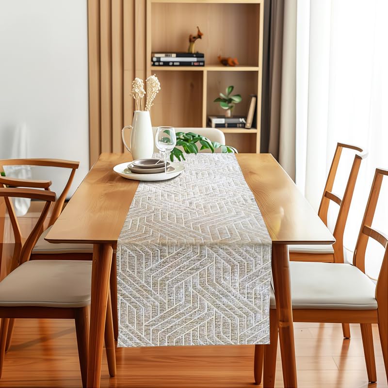 INtex Home Table Runner, Nadia’s Geometric Design in Heavy Duty Velvet Linen Fabric, Elegant Rectangular Accent for Reception Living Room or Special Occasions - 1 Pc- 40 x 130 cm - Café
