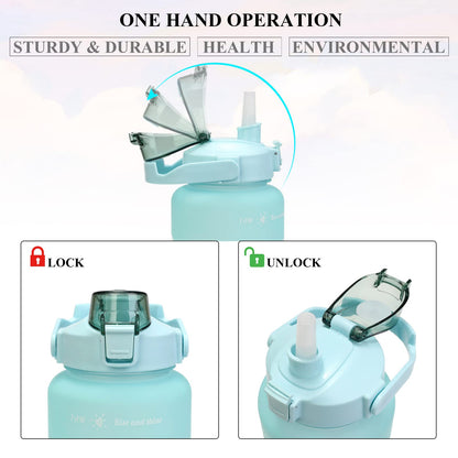 Motivational Water Bottle with Straw 3 Pcs, 64oz 32oz 16oz Time Marker Large Drinking Bottles Leakproof Half Gallon 2L Water Jugs for Sports Gym Travel BPA Free - Gradient Green