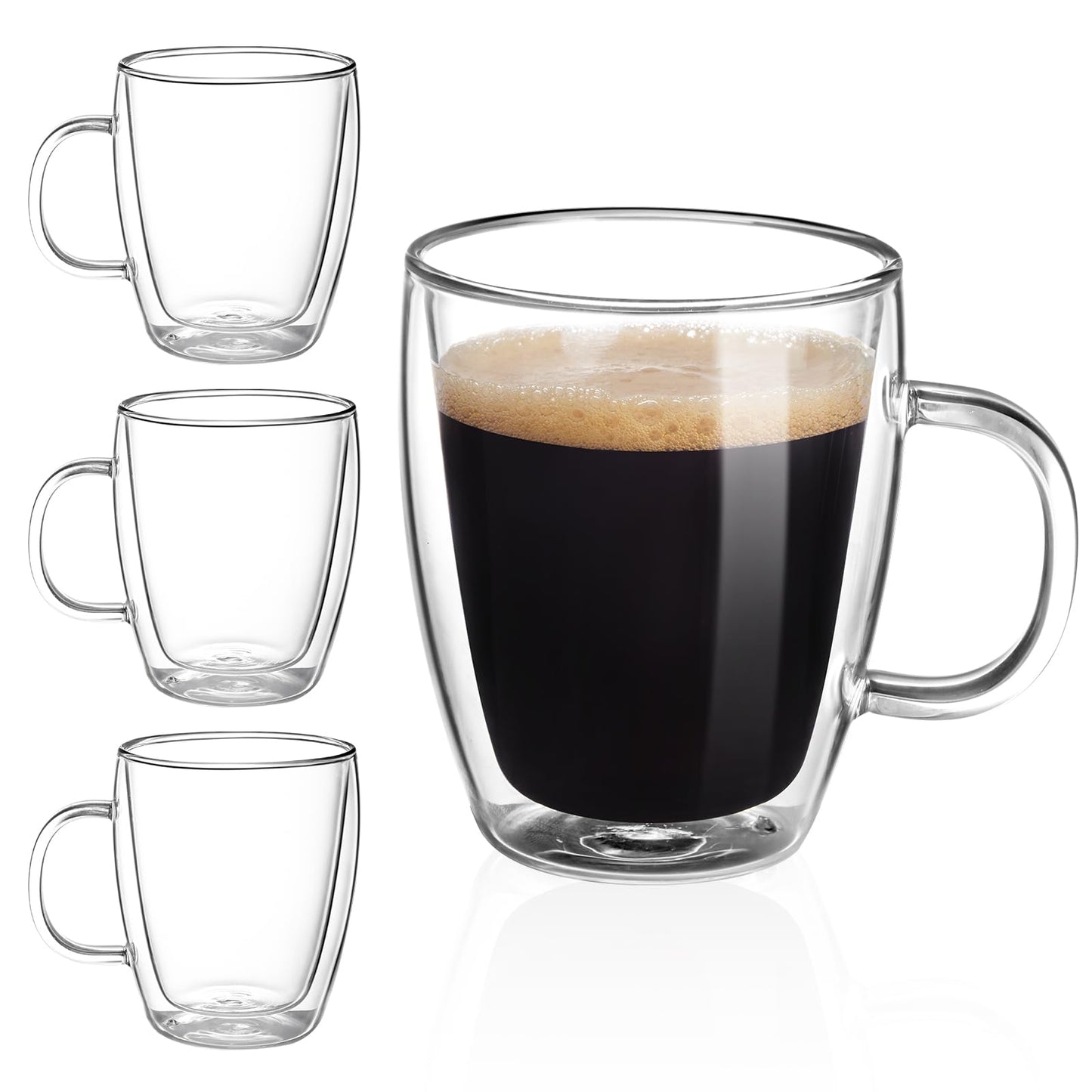YUNCANG Double Wall Glass Coffee Mugs, (4-Pcak) 13 Ounces-Clear Glass Coffee Cups with Handle,Insulated Coffee Glass,Cappuccino Cups,Tea Cups,Latte Cups,Beverage Glasses Heat Resistant