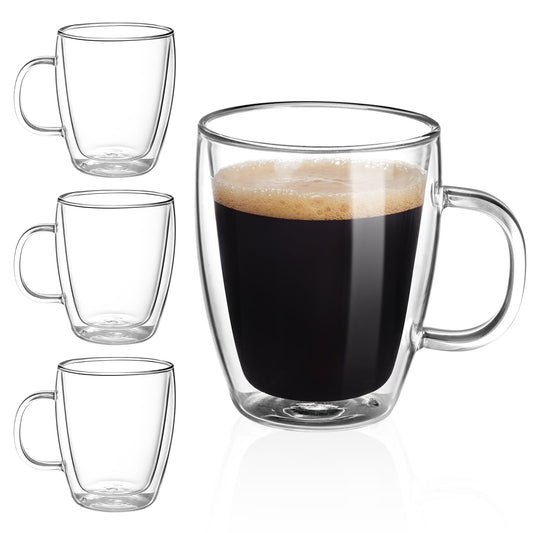 YUNCANG Double Wall Glass Coffee Mugs, (4-Pcak) 13 Ounces-Clear Glass Coffee Cups with Handle,Insulated Coffee Glass,Cappuccino Cups,Tea Cups,Latte Cups,Beverage Glasses Heat Resistant
