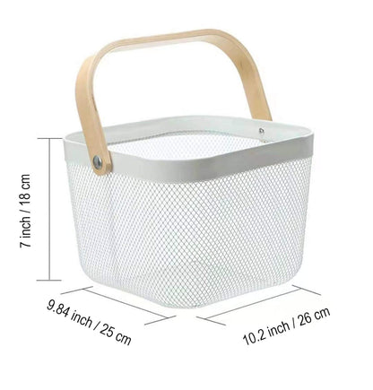 TAMQUSAK Mesh Steel Storage Organizer Basket, Multi-Functional Metal Wire Hanging Kitchen Baskets Fruit Basket with Bamboo Handle Ideal for Kitchen, Bathroom, Pantry, Cabinet Home, Shopping(PACK OF 1)