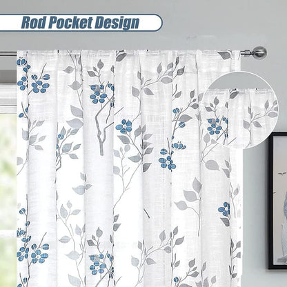 Rich Natural Linen curtains - Printed floral curtains- Semi-transparent - Road Pocket grommets for living room, bedroom, kitchens, 1 piece