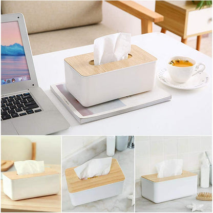 MEXONIC Bamboo Cover Plastic Tissue Box Holder Tissue Paper Holder Box Case for Car Decor Home Facial Tissue Holder Bathroom Vanity Countertop,Bedroom,Living Room,Kitchen Multi Function(Pack of 02)