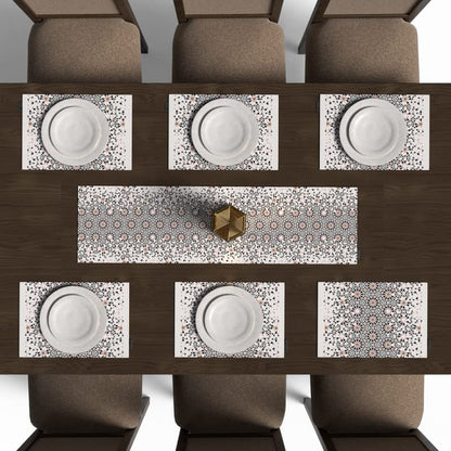 Reya 7-Piece Dining Linens Set, with 6 multicolor canvas placemats (45x30 cm) and 1 table runner (35x140 cm), featuring a serene Islamic design for an elegant, beautiful tablescape