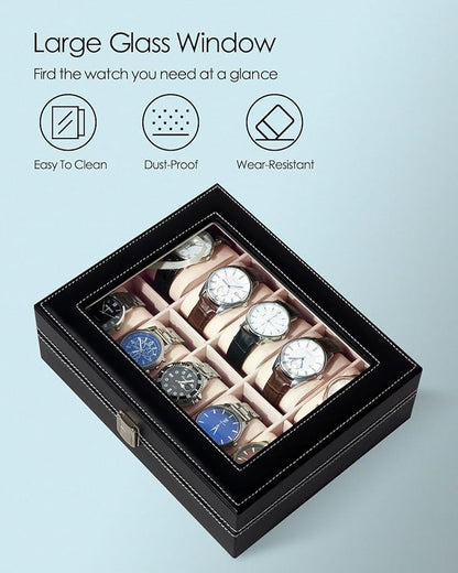 Watch Box Organizer 10 Slots PU Leather Watch Box with Lock for Men Women Birthday Father's Day Mother's Day Gift PU Leather Black